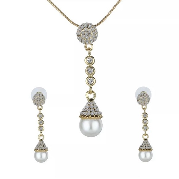 🍀New Pearl Gold Plated Jewelry Set Necklace Pendant Ear Dangle Earring - Picture 3 of 3